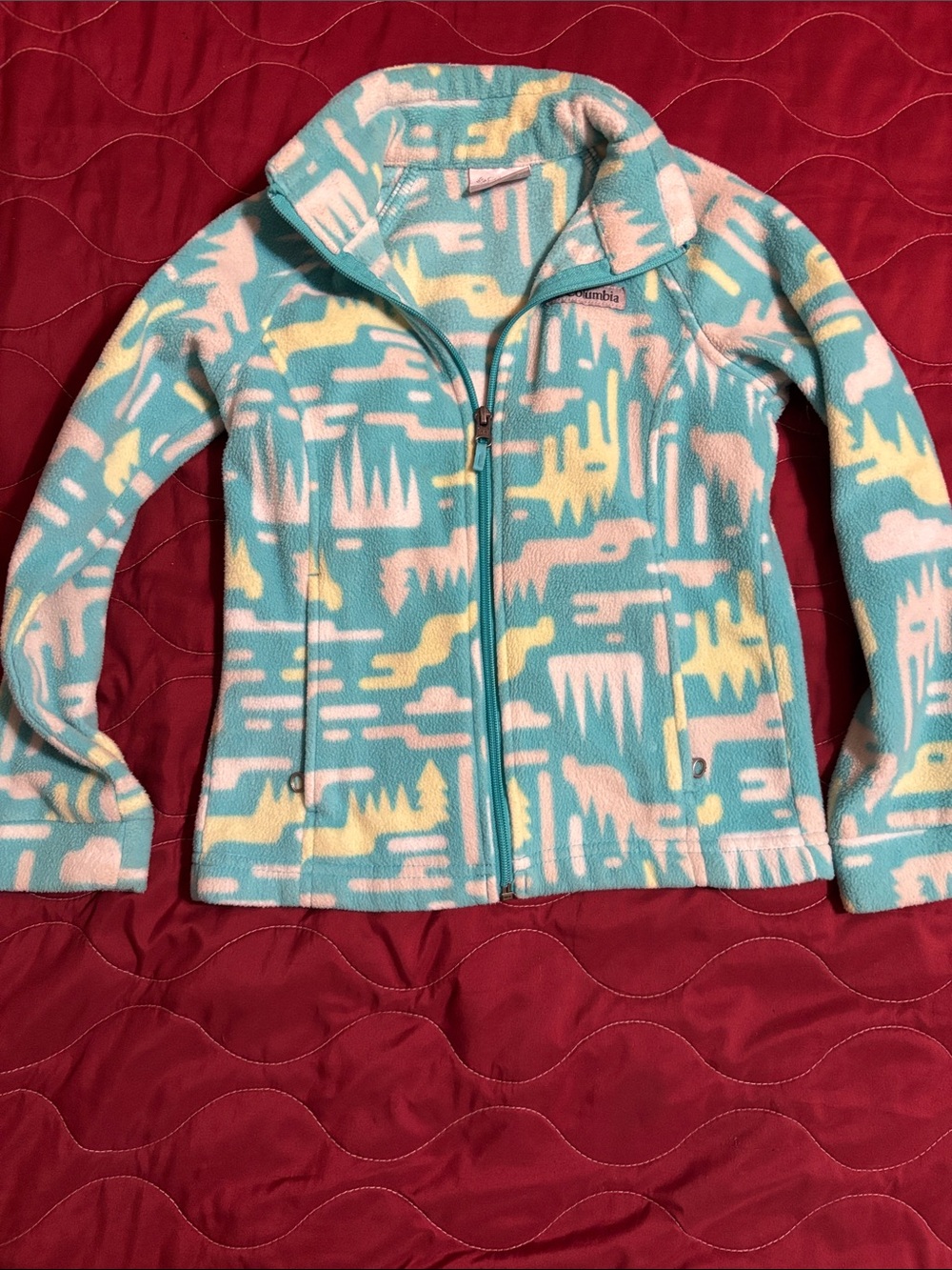 Columbia Light Blue, White & Yellow Patterned Fleece Jacket